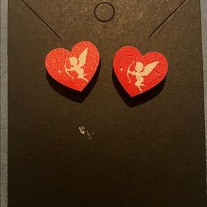 Red Heart Earrings with Cupid Design